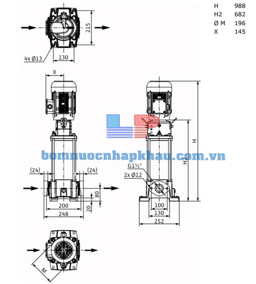 Kích thước máy bơm ly tâm trục đứng WILO Helix FIRST V1010-5/16/E/S/400-50