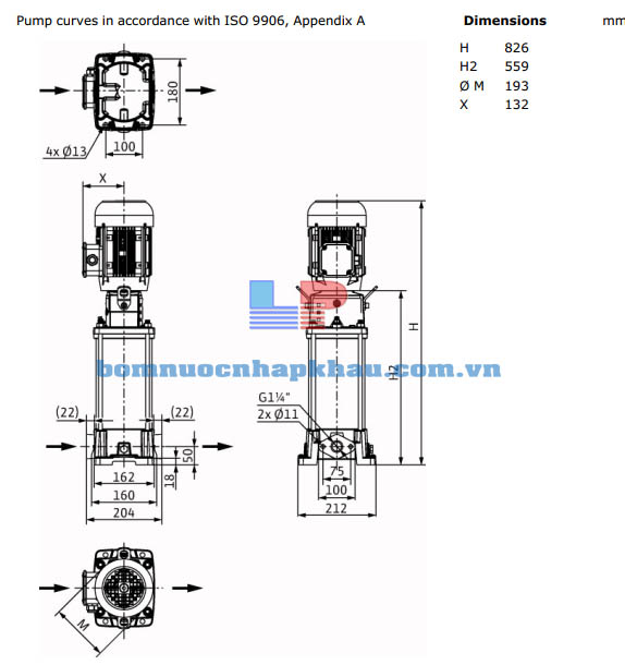 Kích thước máy bơm ly tâm trục đứng WILO Helix FIRST V1608-5/16/E/S/400-50