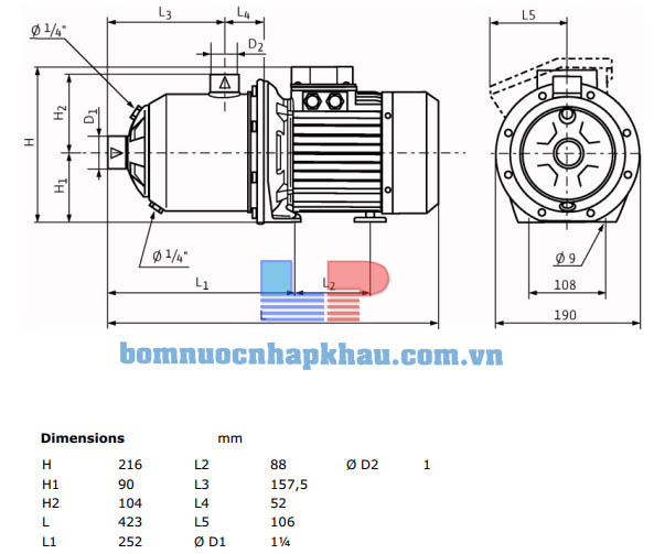 Kích thước máy bơm ly tâm trục ngang WILO MHI404-1/E/1-230-50-2