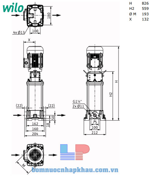 Kích thước máy bơm ly tâm trục đứng WILO V 608-5/16/E/S/400-50