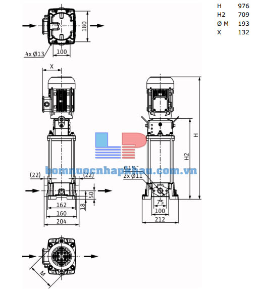 Kích thước máy bơm ly tâm trục đứng WILO Helix FIRST V611-5/16/E/S/400-50