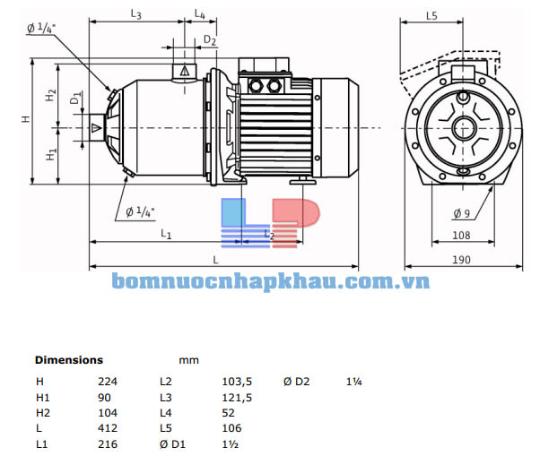 Kích thước máy bơm ly tâm trục ngang WILO MHI 803-1/E/1-230-50-2