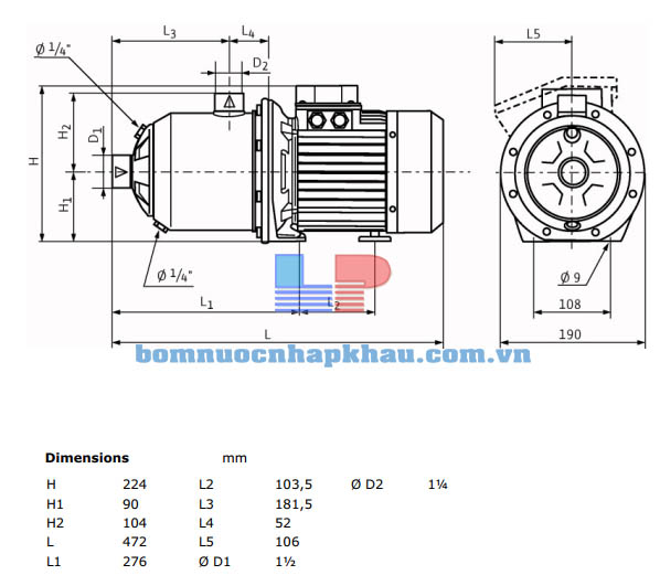 Kích thước máy bơm ly tâm trục ngang WILO MHI 804-1/E/1-230-50-2